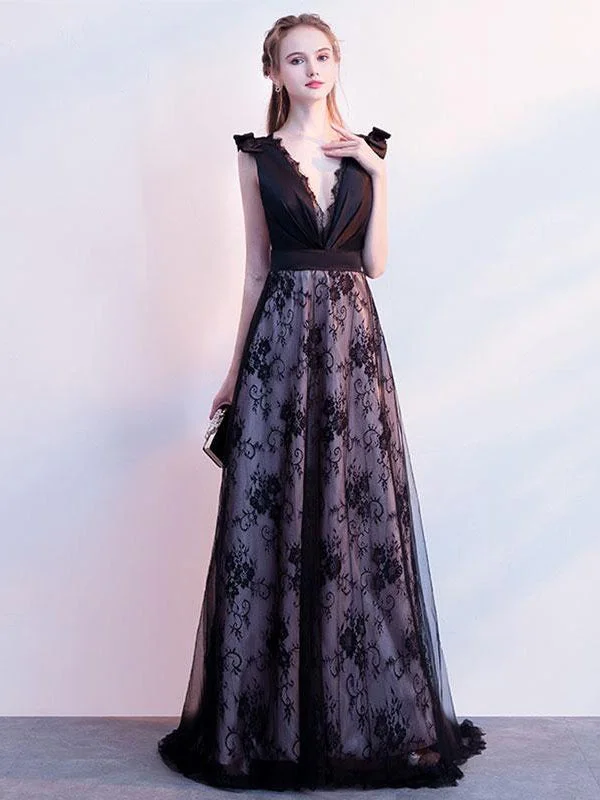 Take Advantage Black Prom Dresses V-neck Floor-length Sexy Long Lace Prom Dress JKL830