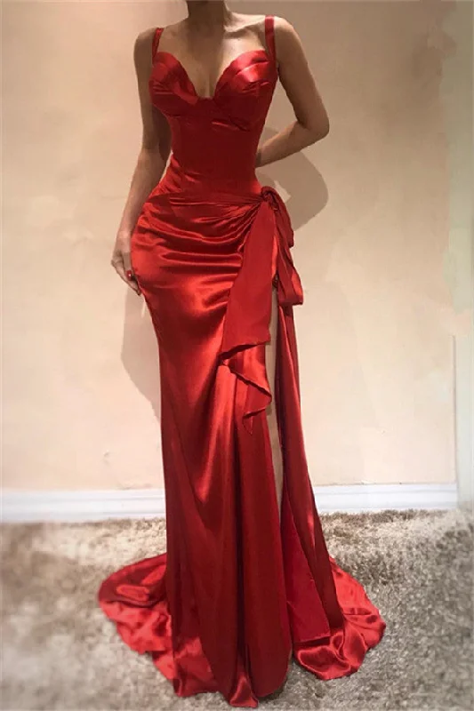 Fantastic Offers Elegant Mermaid Scarlet Spaghetti Straps Evening Dresses Chic High Split Sleeveless Prom Dresses On Sale Fantastic Offers Elegant Mermaid Scarlet Spaghetti Straps Evening Dresses Chic High Split Sleeveless Prom Dresses On Sale