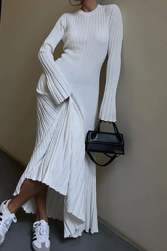Special Buy casual evening dressSolid Ribbed Knit Tie-waist Dress
