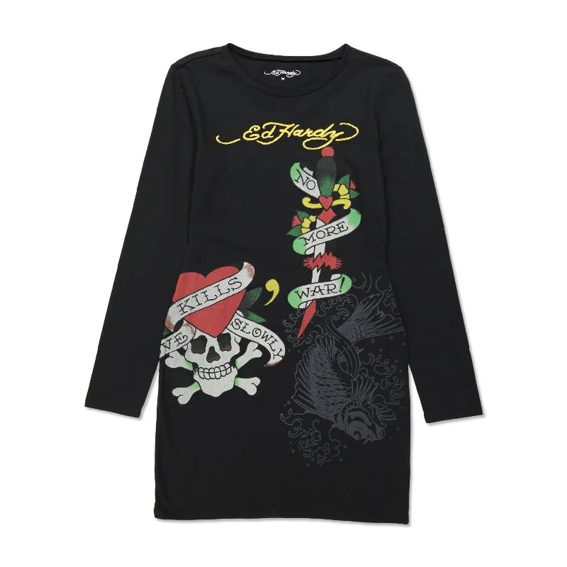 Seasonal Sale casual day dressLKS Skull Baby Tee Long Sleeve Dress