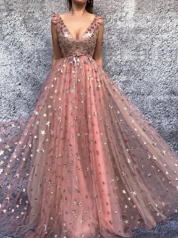 Final Clearance Sparkly Prom Dresses V-neck Stars Long Sexy Beautiful Prom Dress JKL977