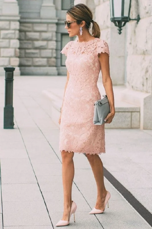 Today Only Pink Short Sleeves Column Lace Knee Length Short Homecoming Dress