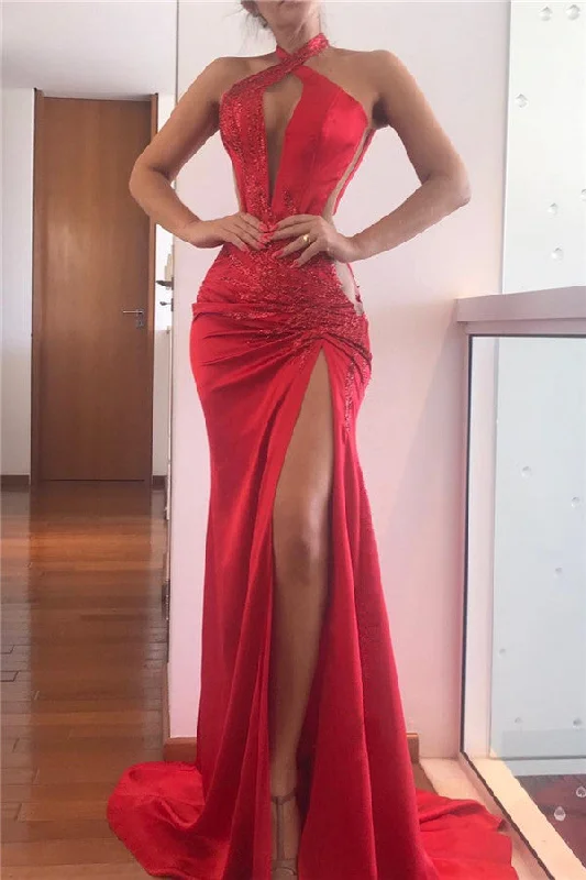 Amazing Deals Sequined Split Front Mermaid Evening Gowns Halter Chic Prom dresses
