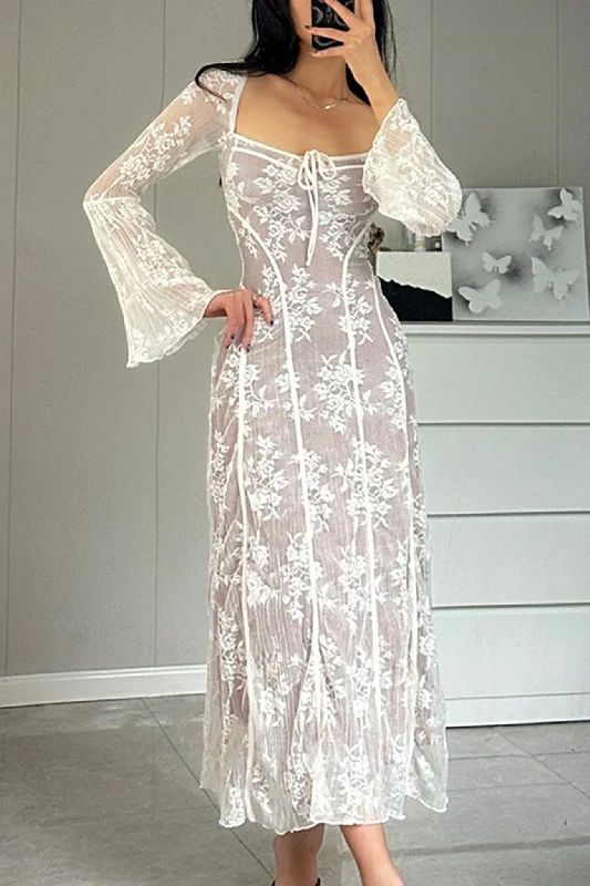Final Markdown casual slip dressLace Tie-up Flares Sleeve Midi Dress