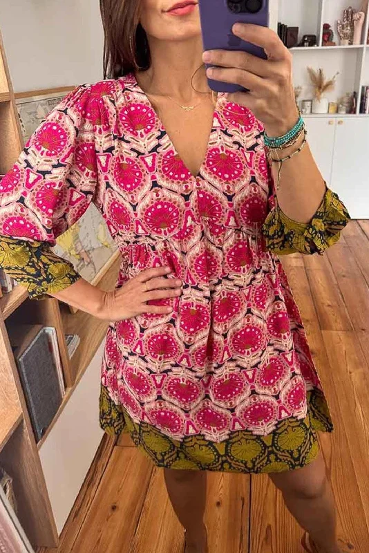 Grand Opening Sale Strawberry Pink Retro Printed V Neck Bracelet Sleeve Dress