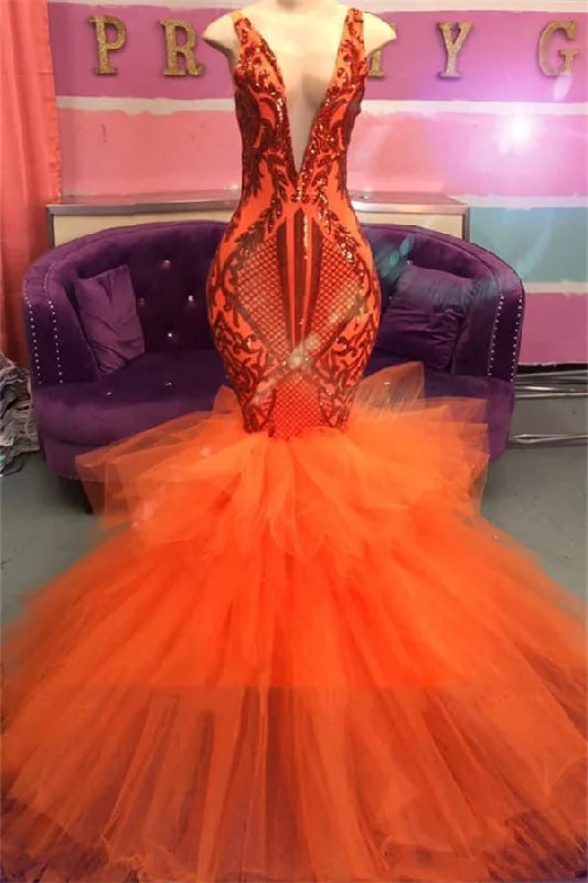 Members Only Chic Sleeveless Deep V-neck Tulle Puffy Train Orange Prom Party Gowns Members Only Chic Sleeveless Deep V-neck Tulle Puffy Train Orange Prom Party Gowns