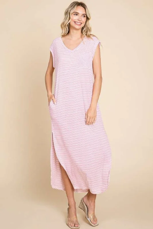 ashionable dressCulture Code Full Size Striped V-Neck Slit Dress with Pockets