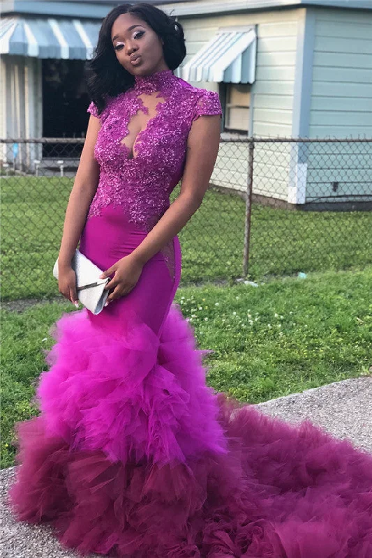 Value Deals High Neck Fit and Flare Beads Appliques Prom Dresses Sheer Tulle Ruffles Train Evening Gowns