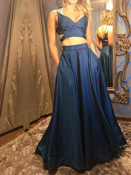 Sale Event Two Piece Prom Dresses V-neck Aline Dark Navy Simple Long Cheap Prom Dress JKL1085