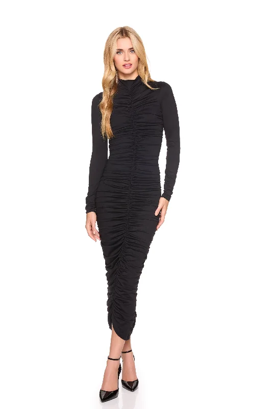 Limited Availability sleek midi dressmocked neck gathered long sleeve dress