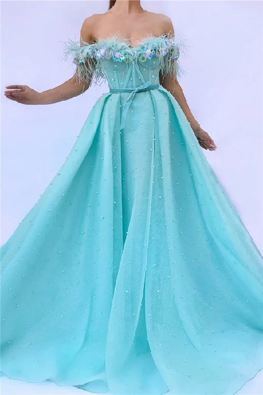 Markdown Madness Cute Feather Tulle Long Off-the-Shoulder Sleeveless Prom Party Gowns with Pearls Markdown Madness Cute Feather Tulle Long Off-the-Shoulder Sleeveless Prom Party Gowns with Pearls