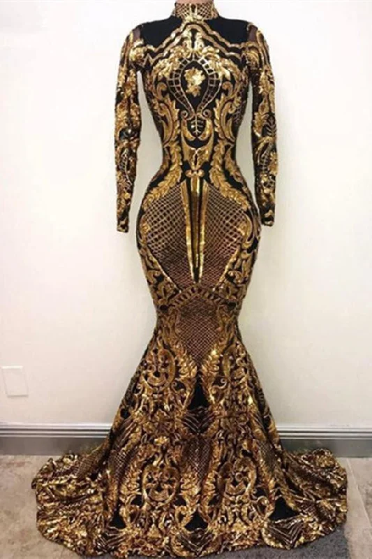 Stock Clearance High Neck Golden Appliques Mermaid Long Sleevess Prom Dresses