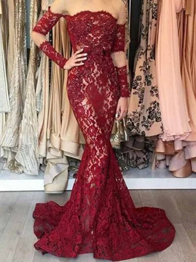 Amazing Deals Long Sleeve Mermaid Prom Dresses Lace Chic Short Train Burgundy Prom Dress JKL1094 Amazing Deals Long Sleeve Mermaid Prom Dresses Lace Chic Short Train Burgundy Prom Dress JKL1094