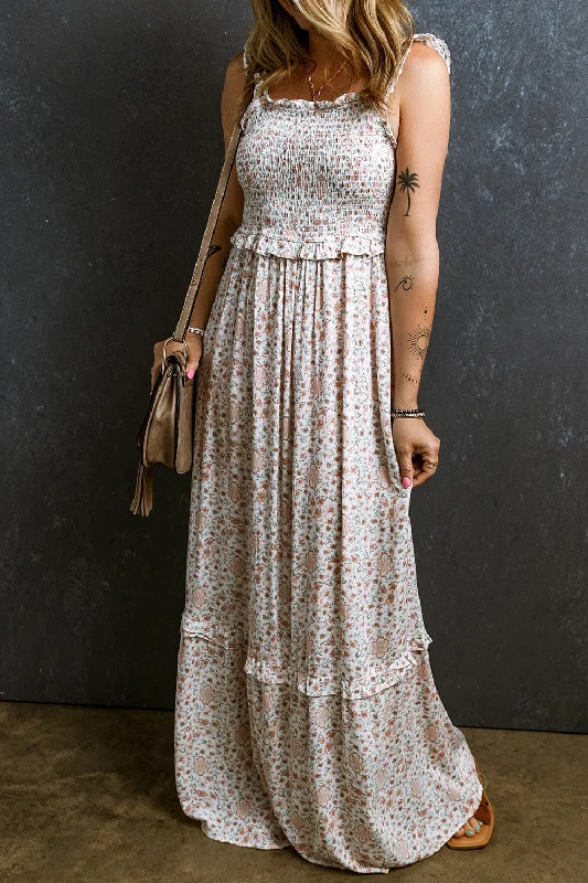 sleeveless dressRuffled Smocked Printed Sleeveless Maxi Dress