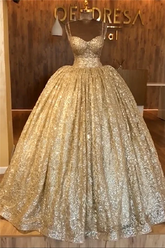 Inventory Reduction Spaghetti Straps Gold Beaded Lace Evening Dress Luxurious Ball Gown Princess Open Back Prom Party Gowns Inventory Reduction Spaghetti Straps Gold Beaded Lace Evening Dress Luxurious Ball Gown Princess Open Back Prom Party Gowns