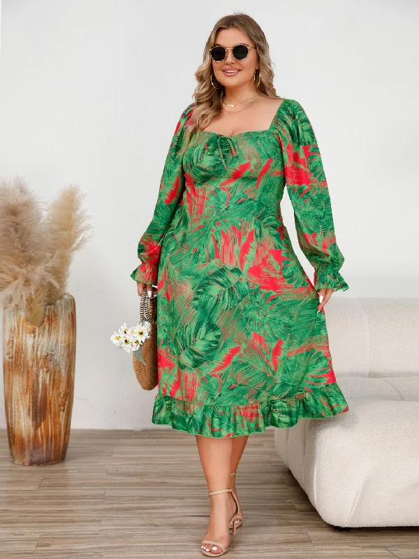 relaxed fit dressPlus Size Ruffled Square Neck Flounce Sleeve Dress