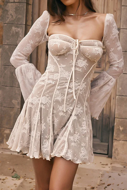 Special Savings trendy wrap dressLace Low Cut Flares Sleeve A-line Dress