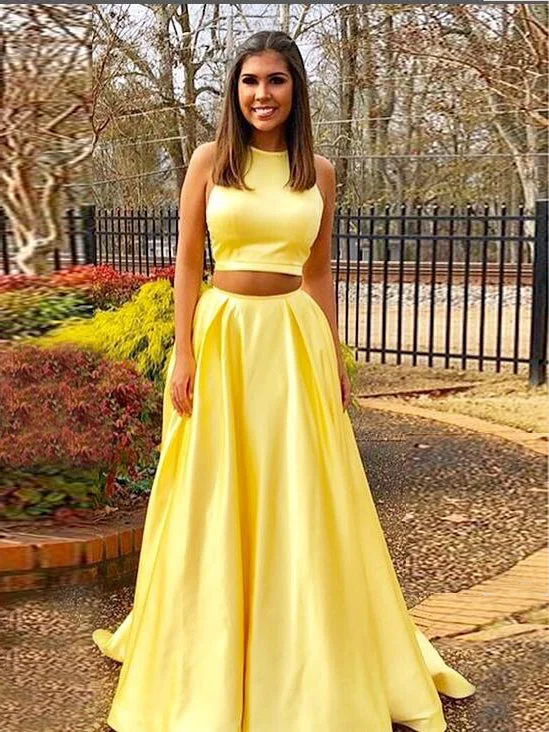 Online Only Two Piece Prom Dresses A line Simple Cheap Prom Dress Yellow Evening Dress JKL1065