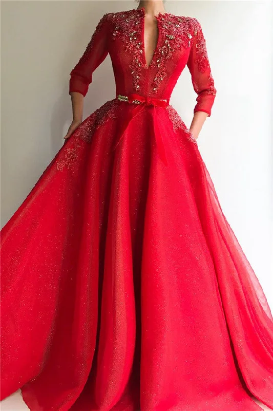 Blowout Sale Charming Sequins Tulle V-neck Red Jewel 3/4 Sleeves Appliques Long Prom Party Gowns Blowout Sale Charming Sequins Tulle V-neck Red Jewel 3/4 Sleeves Appliques Long Prom Party Gowns