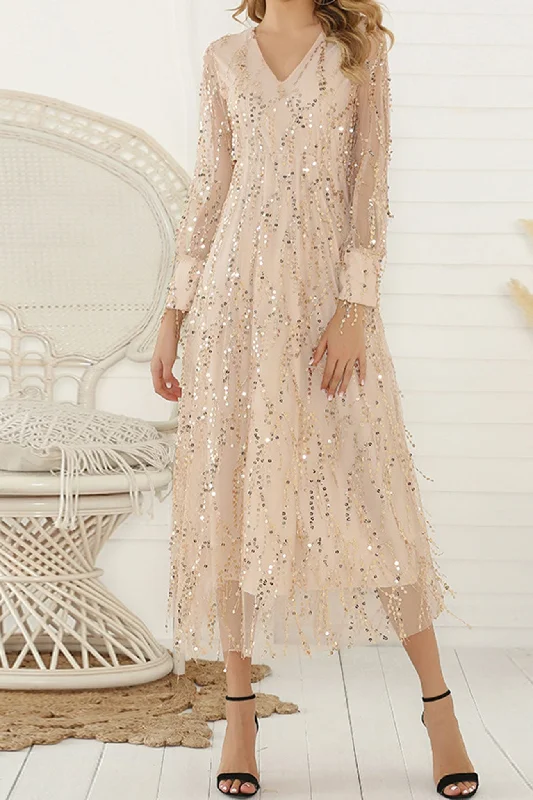 Low Prices off-shoulder dressV Neck Sequin Fringe Dress