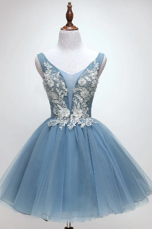 Markdowns Blue tulle lace short prom dress, blue tulle lace homecoming dress JKG011