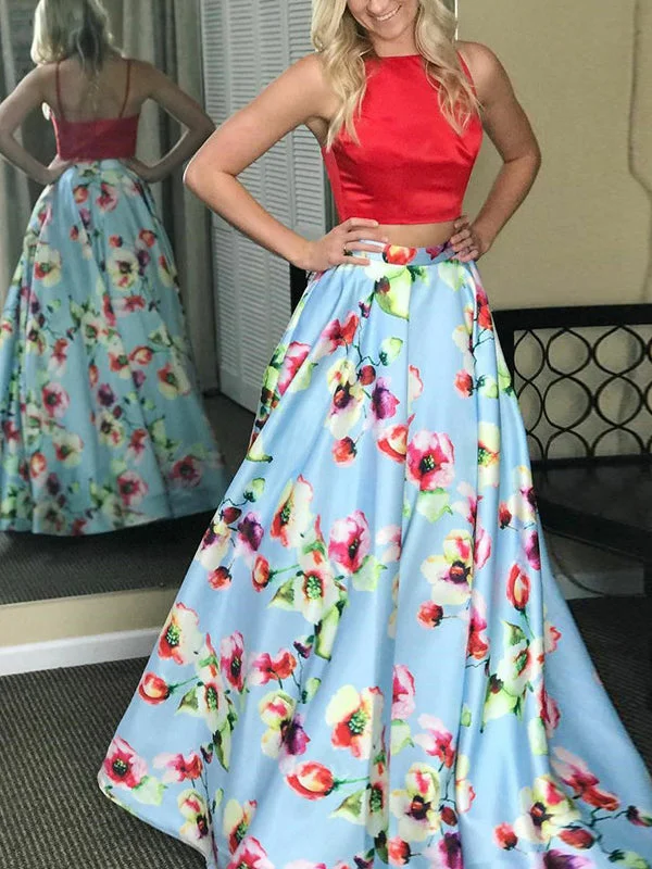 Price Buster Two Piece Prom Dresses Bateau Floral Print Red Prom Dress Long Evening Dress JKL869