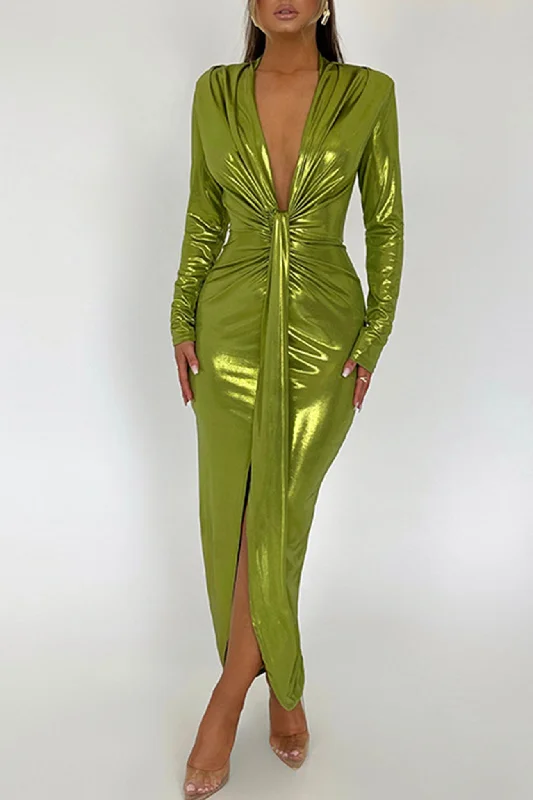 Today Only off-the-shoulder dressGlossy V Neck Ruched Slit Dress