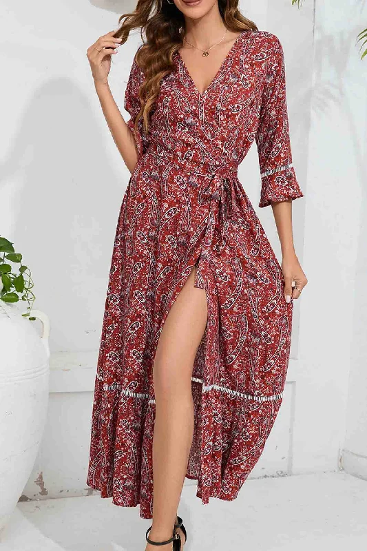 Special Offer fitted bodycon dressFloral V Neck Slit Midi Dress