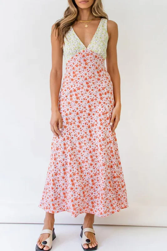 Season Finale Sale comfy maxi dressContrast V Neck Floral Print Tie-back Dress