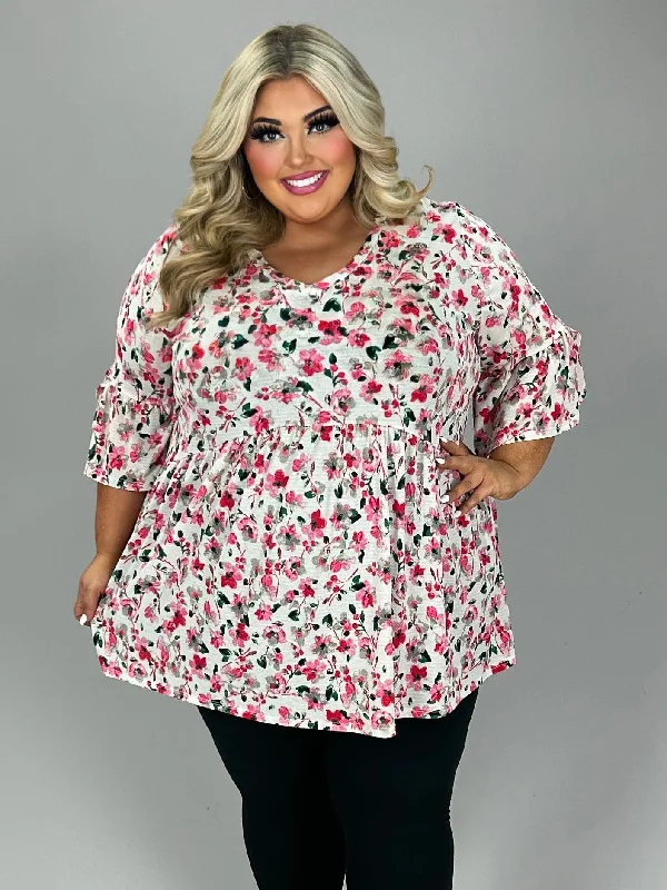 ruffle dress61 PSS {Happy Life} Pink Floral Babydoll V-Neck Tunic EXTENDED PLUS SIZE 3X 4X 5X