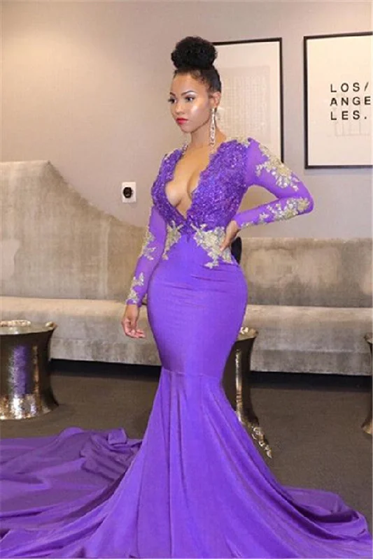New Deals Unique Lace Appliques Deep Chic V-neck Prom Dresses Long Sleeves Fit and Flare Evening Gowns