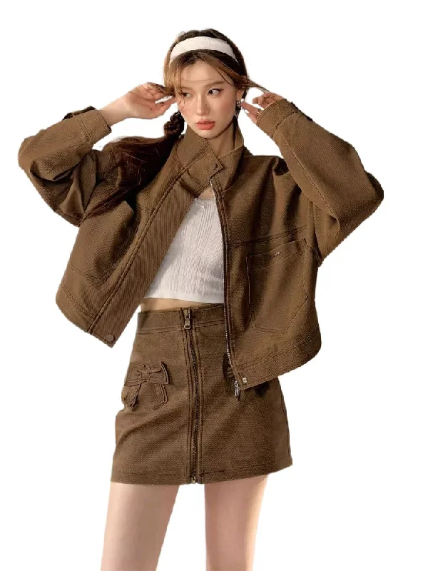 fashionable utility jacketZip Short Jacket & Skirt Set