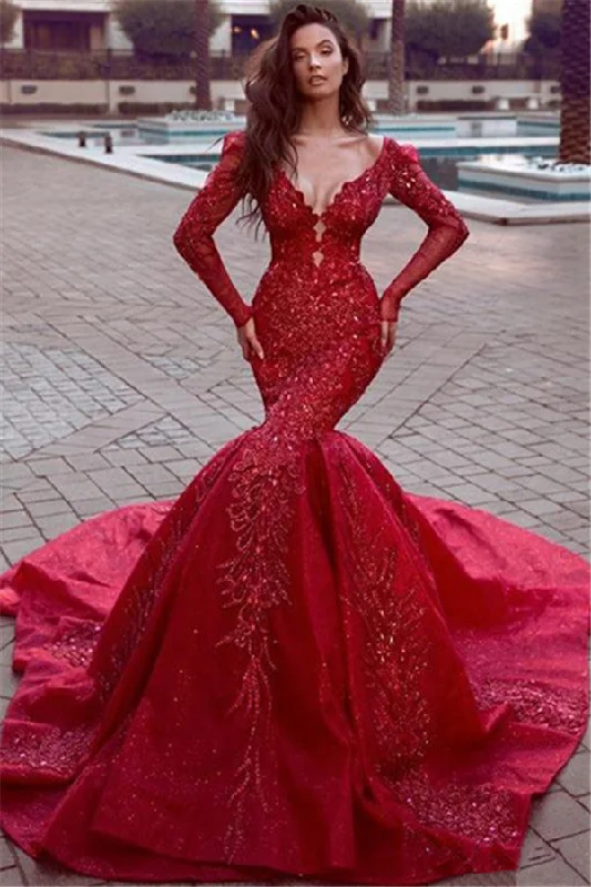 Closeout Gorgeous Long Sleevess Mermaid Evening Dresses with Train Hot Backless Lace Crystal Prom Dresses