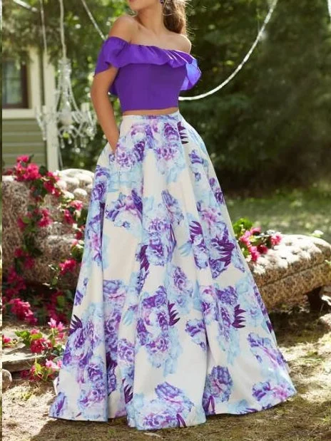 Markdowns Two Piece Prom Dresses A-line Floor-length Off-the-shoulder Floral Print Prom Dress JKL1167 Markdowns Two Piece Prom Dresses A-line Floor-length Off-the-shoulder Floral Print Prom Dress JKL1167