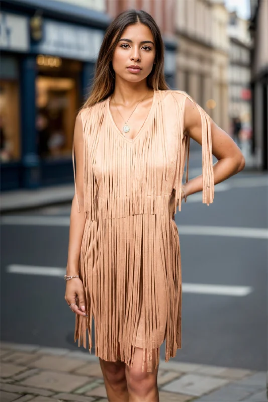 sleek midi dressFull Size Fringe V-Neck Sleeveless Mini Dress