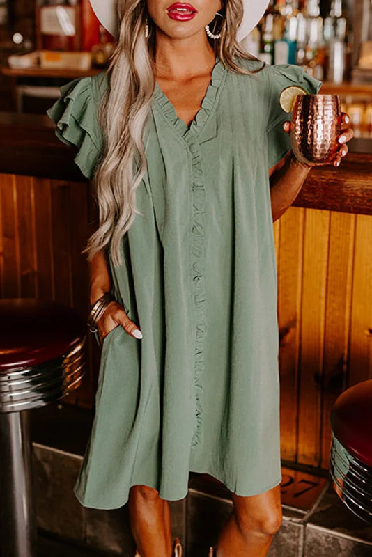 Inventory Reduction Mist Green Ruffle Sleeve V Neck Frilled Shift Dress