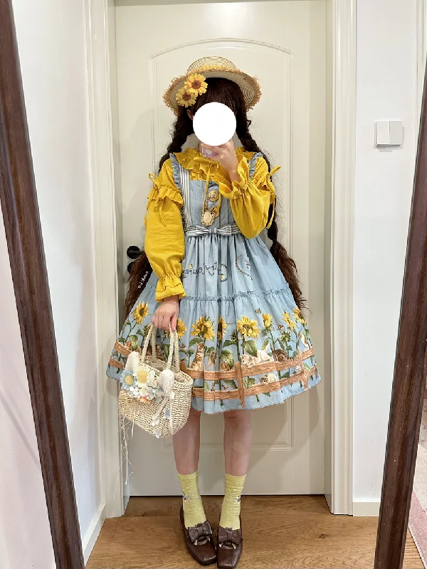 Steals and Deals elegant maxi dressPolaris Lolita~Cat and Sunflower~Sweet Lolita JSK Cat and Sunflower Print Dress and Headdress Set