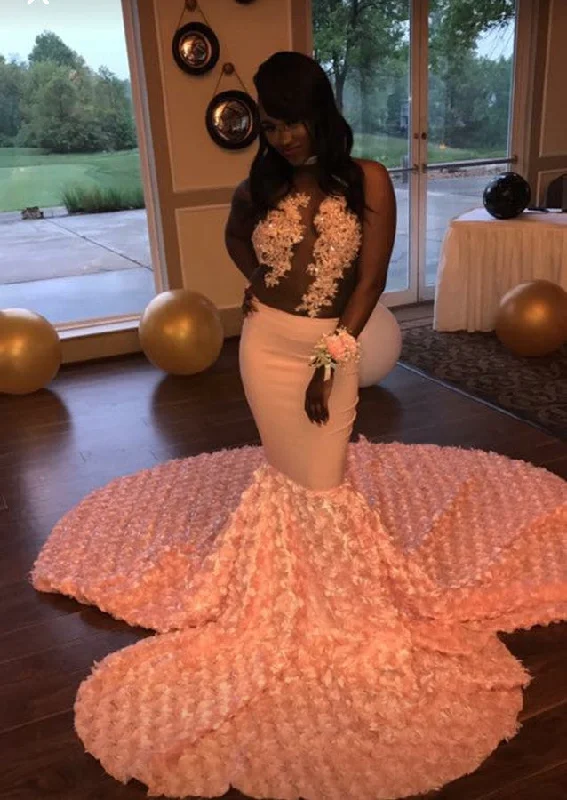 Hurry In Gorgeous Pink Flowers Lace Appliques Prom Party Gowns| Mermaid Prom Party Gowns
