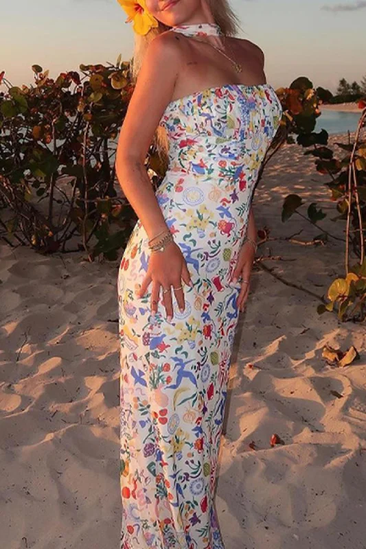 Discount Deals vintage dressMulticolor Print Halter Backless Dress