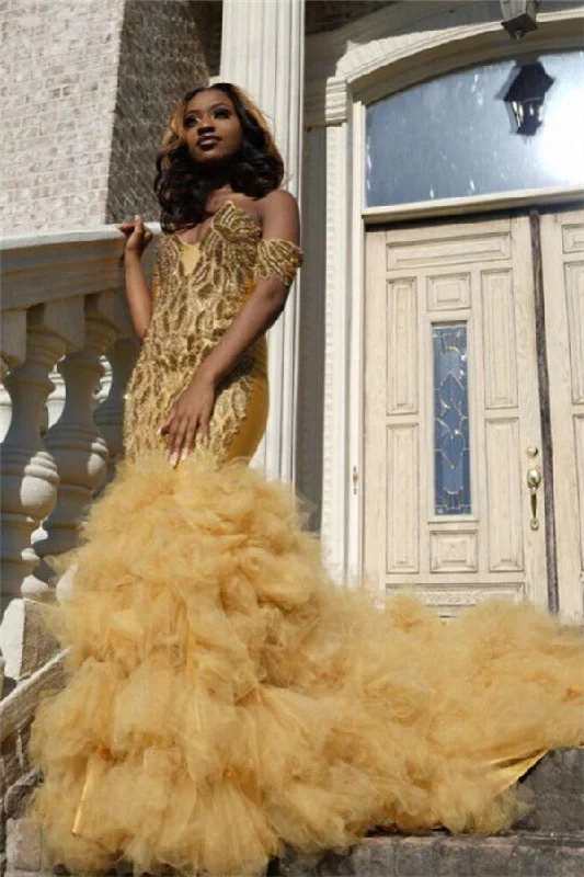 YEAR-End Sale Gold Beads Appliques Fit and Flare Prom Dresses Off-the-Shoulder Tulle Ruffles Evening Gowns