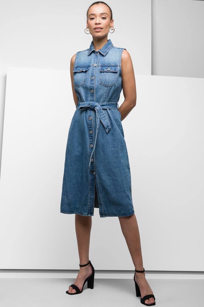 Special Promotion floral midi dressSleeveless Belted Denim Dress Blue