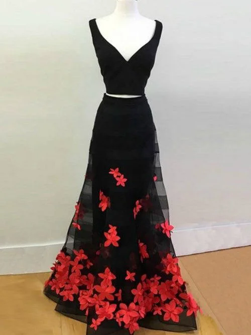 Price Rollback Two Piece Prom Dresses Hand-Made Flower Straps Chic Long Black Prom Dress JKL1087