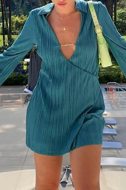 Value Deals luxury dressPleated Lapel Low Cut Mini Dress