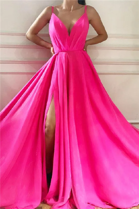 Reduced Prices Chic Spaghetti Straps Sleeveless Long Prom Party Gowns| Affordable V-neck Front Slit Long Pink Prom Party Gowns
