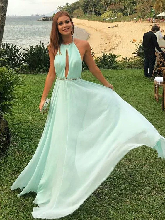 Savings Spectacular Cheap Prom Dresses Halter Aline Sage Sexy Long Simple Backless Prom Dress JKL1147