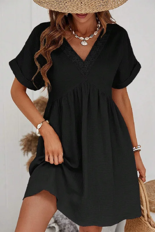 Daily Deals Black Folded Short Sleeve Lace V Neck Mini Dress