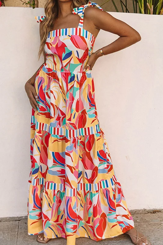 Markdowns sleek dressPrinted Patchwork Tie-straps Tiered Dress