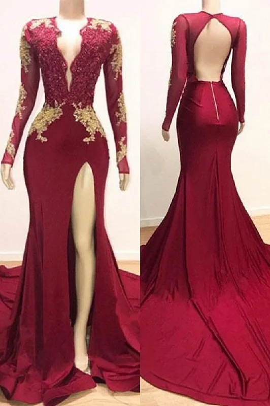 Don't Wait Deep V-neck Long Sleevess Lace Appliques Split Mermaid Evening Gowns