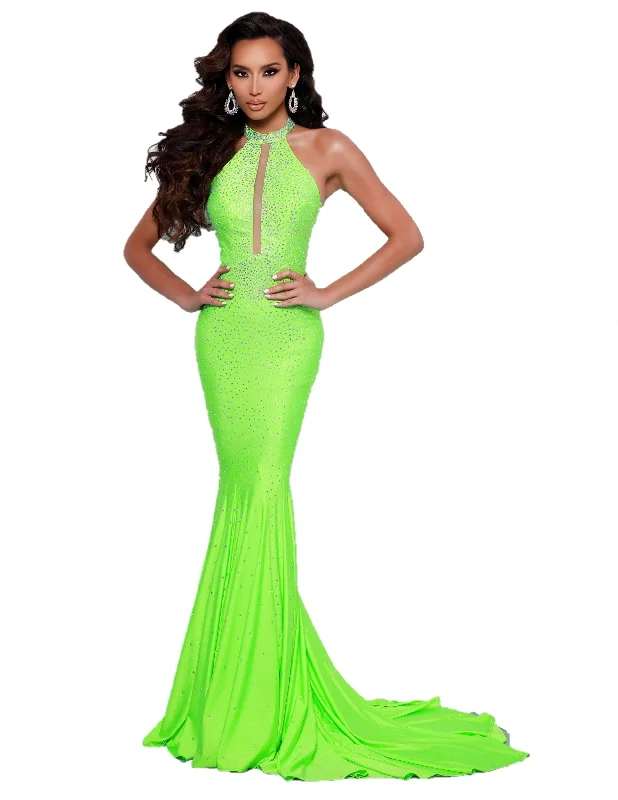 v-neck dressJohnathan Kayne 2037 Size 10 Lime Sheer High Neck Prom Dress Pageant Gown Formal