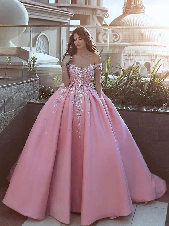 Stock Clearance Ball Gown Prom Dresses Off-the-shoulder Sweep Train Satin Long Pink Prom Dress JKL1137
